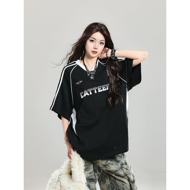 American-style Patchwork Striped V-neck Sporty Loose Short-sleeve T-shirt For Men And Women, Hip-hop Street Style_viptrois.com