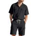 Men's Solid Color Short Sleeve Two Piece Set Casual Workwear Sports Loose Fit Cotton Polyester Linen Blend For Summer - Black Gray Khaki_viptrois.com
