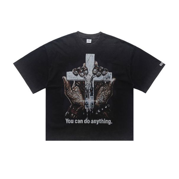 American-style Washed Vintage Pure Cotton Loose Casual Niche Print T-shirt For Men In Silver Gray_viptrois.com