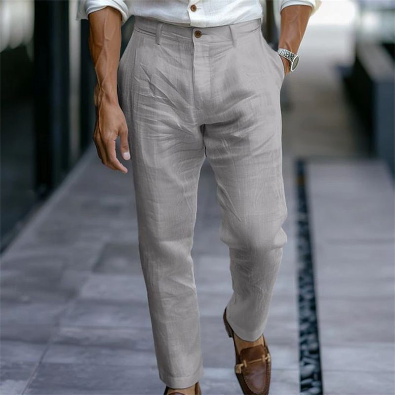 Men's Clothing Youth Linen Solid Color Slant Pocket Daily Outdoor Breathable Casual Pants_viptrois.com