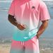 Men's Gradient Coconut Tree Beach 3D Print Short Sleeve Shirt And Shorts Set Trendy Summer Vacation Clothing_viptrois.com