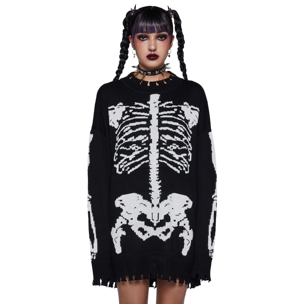 Gothic Punk Distressed Knit Sweater With Skeleton Print - Y2K Grunge Unisex Oversized Pullover For Men & Women_viptrois.com