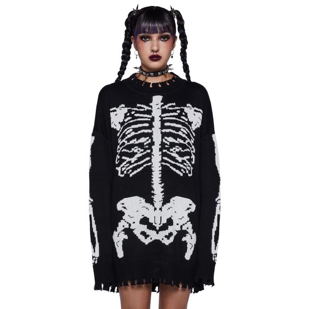 Gothic Punk Distressed Knit Sweater With Skeleton Print - Y2K Grunge Unisex Oversized Pullover For Men & Women_viptrois.com