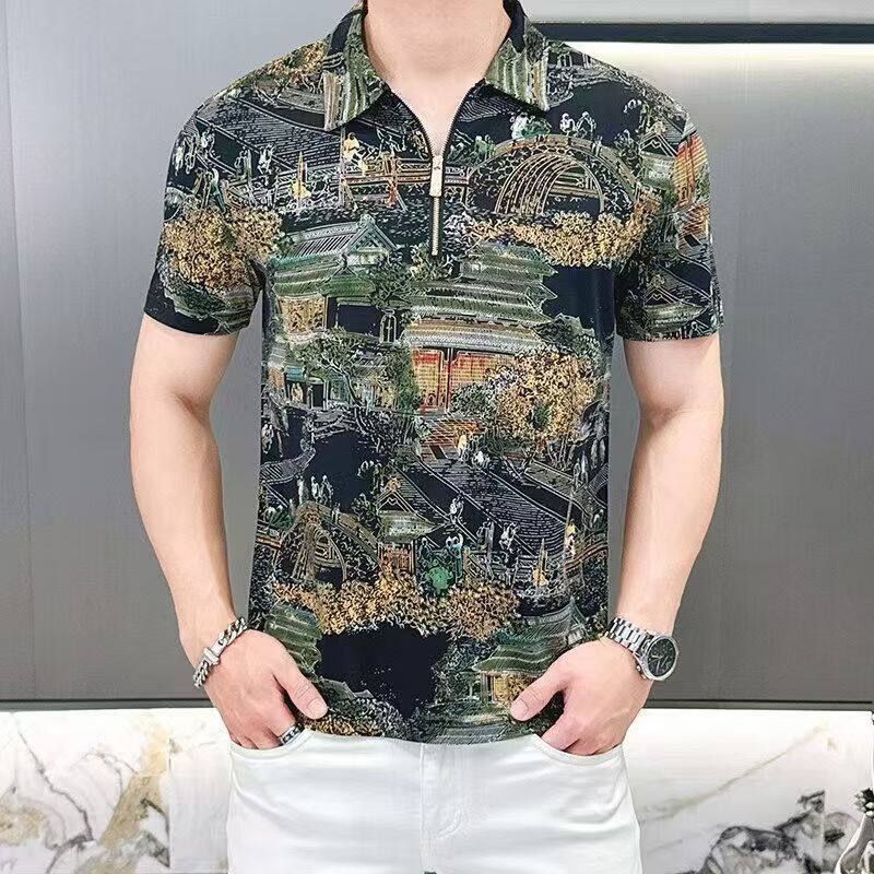 2025 Summer New Fashionable High End Men's Short Sleeved Polo Shirt Casual Trendy Handsome Zipper Collar Top_viptrois.com