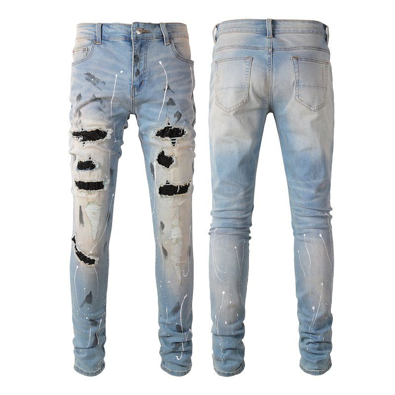 Men's Clothing jeans ripped men's cat whisker hot diamond graffiti jeans youth slim fit skinny pants_viptrois.com