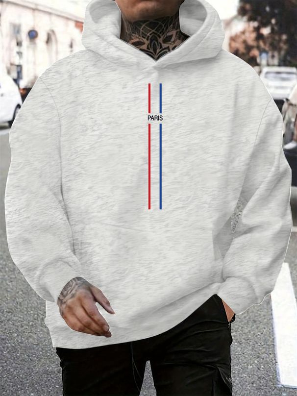 Men's Autumn And Winter Casual Fashionable Loose Hooded Sweatshirt Paris Letter Pattern Printed Warm Long Sleeved Pullover_viptrois.com