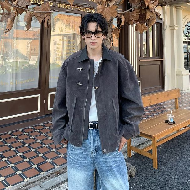 American Retro Suede Workwear For Men, Autumn And Winter, Airplane Button, Barn Style, Cool Short Baseball Jacket_viptrois.com