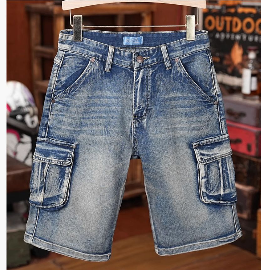 Men's Clothing Denim Shorts Men's Trendy INS Summer Wear Retro Loose Casual Multi Pocket Workwear Five Point Pants_viptrois.com