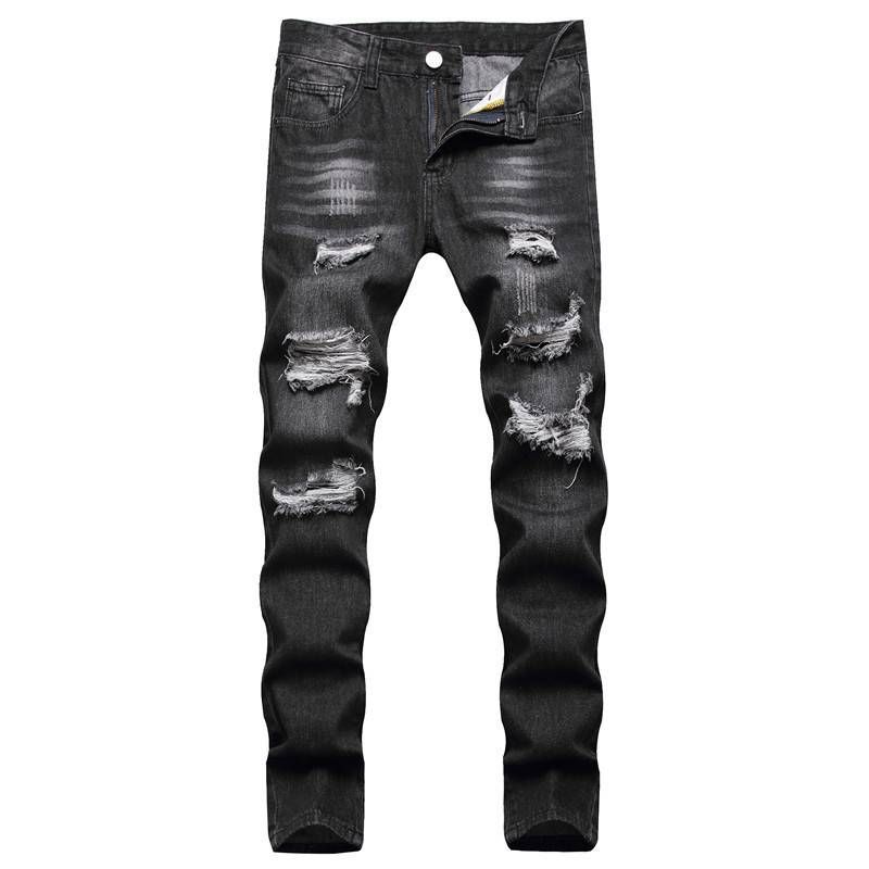 Men's Clothing Stock Summer Black Casual Youth Trousers Non Elastic Mid Waist Multi Hole Straight Jeans_viptrois.com