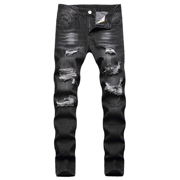 Men's Clothing Stock Summer Black Casual Youth Trousers Non Elastic Mid Waist Multi Hole Straight Jeans_viptrois.com