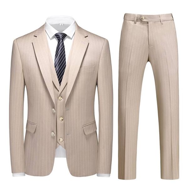 Men's Casual And Form-fitting European And American Business Striped Suit, Groom And Best Man Banquet Three-piece Suit + Waistcoat + Trousers_viptrois.com