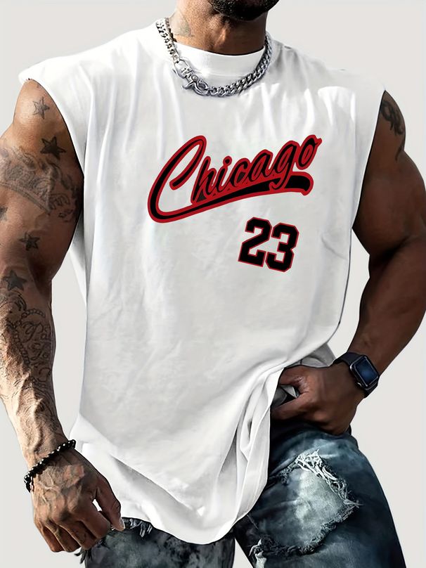 100% Pure Cotton Men's Summer Casual Sports Fitness Loose CHICAGO 23 Letter Pattern Printed Breathable Round Neck Sleeveless Vest_viptrois.com