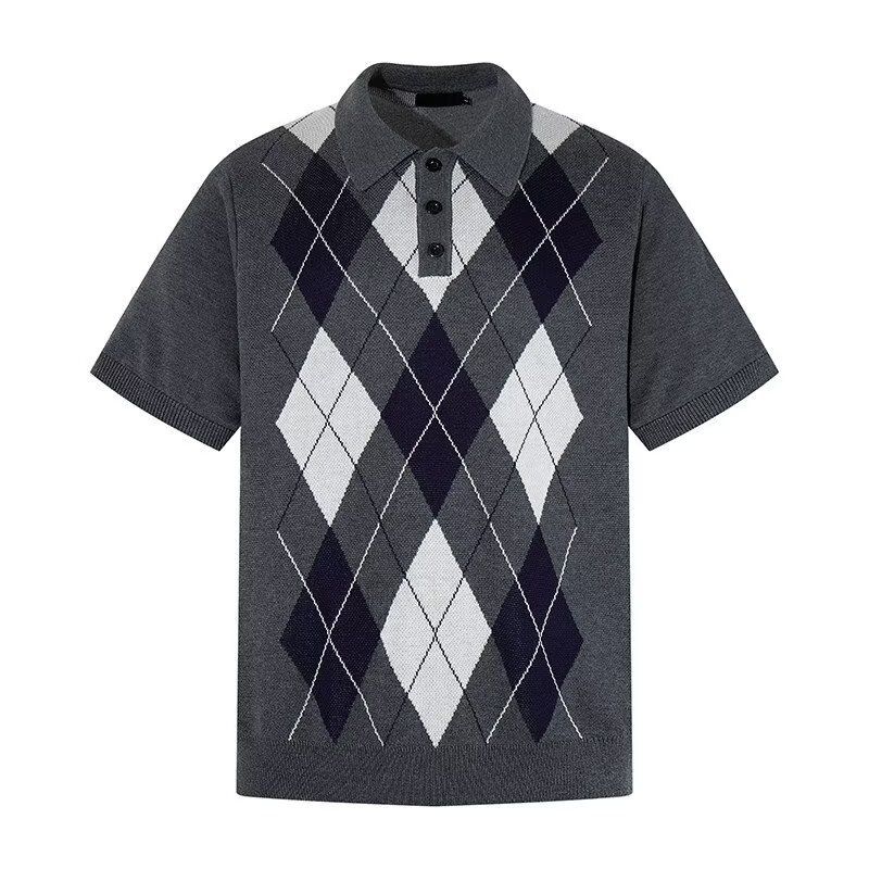 Men's Diamond Patterned Polo Shirt Short Sleeved Summer Retro Couple's Preppy Style Knitted Top_viptrois.com
