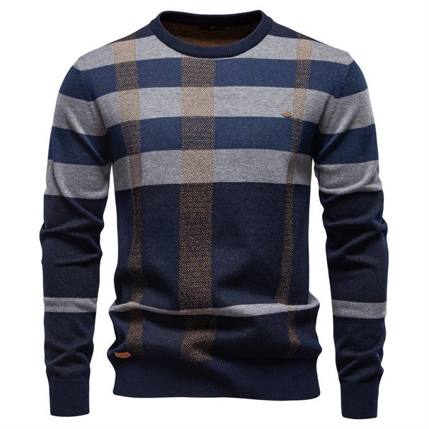 Pure 2025 Autumn Winter Fashion Business Casual Plaid Trendy New Round Neck Cross-Border Men's Sweater_viptrois.com