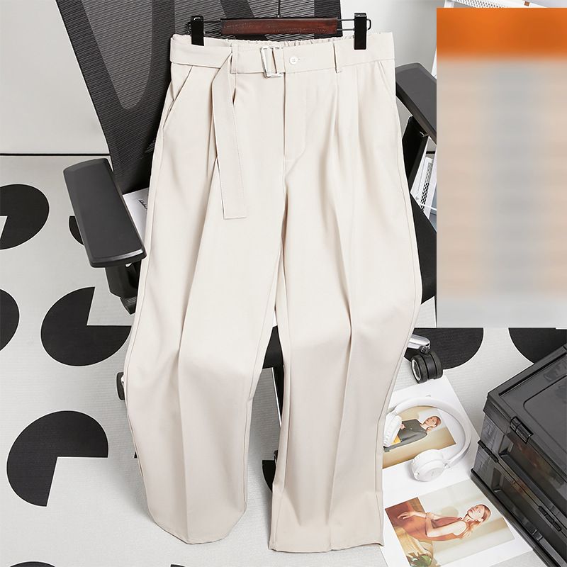 Men's Clothing Ice Silk Casual Pants High Street Handsome Trendy Black Summer Straight Mopping Suit Pants_viptrois.com