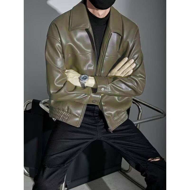 Men's Stylish PU Leather Jacket With Lapel Collar, Loose Fit Casual Coat For Autumn Winter, Trendy Biker Jacket For Teens & Adults_viptrois.com