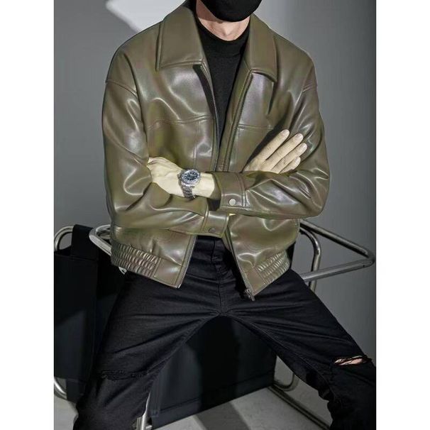 Men's Stylish PU Leather Jacket With Lapel Collar, Loose Fit Casual Coat For Autumn Winter, Trendy Biker Jacket For Teens & Adults_viptrois.com