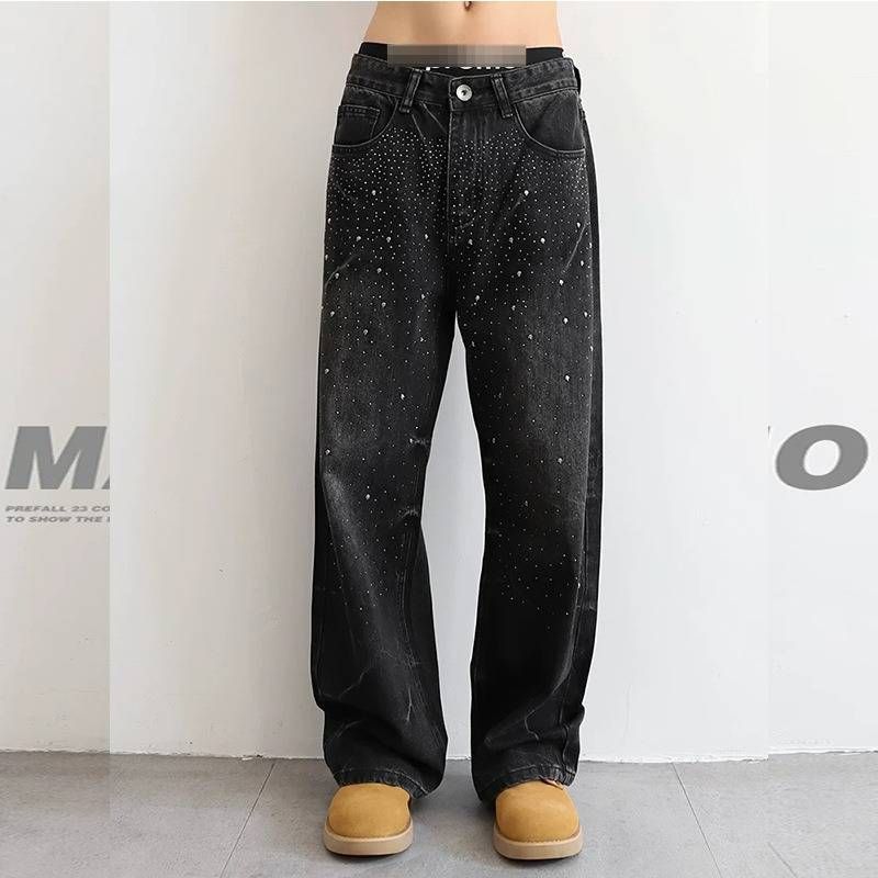 Men's Black Distressed Rhinestone Jeans - Loose Fit Streetwear Denim Pants With Star Embellishments_viptrois.com