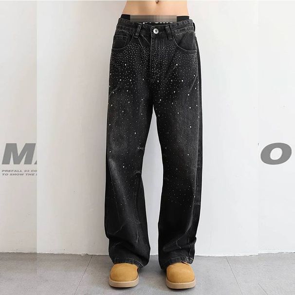 Men's Black Distressed Rhinestone Jeans - Loose Fit Streetwear Denim Pants With Star Embellishments_viptrois.com