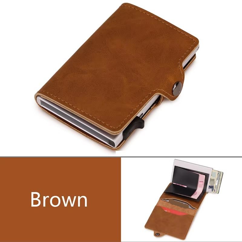 New RFID Aluminum Alloy Brake Spring Card Holder Imported Crazy Horse Leather Metal Wallet Men's Card Holder_viptrois.com