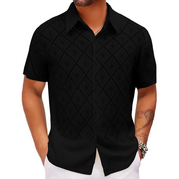 Men's Clothing Hong Kong Style Hollow Short Sleeved Thin Shirt Men's Summer Niche Design Lace Casual Half Sleeved Shirt A0405_viptrois.com