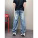 Men's Vintage Washed Denim Pants, Gradient Straight-Leg Jeans With Unique Curved Hem Design For Casual Wear_viptrois.com