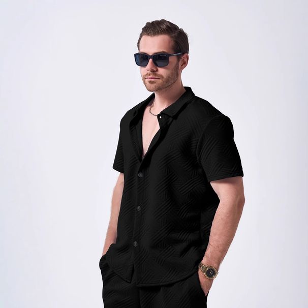 Men's Clothing Shirt Jacquard Short Sleeved Lapel Breathable Casual Tops_viptrois.com