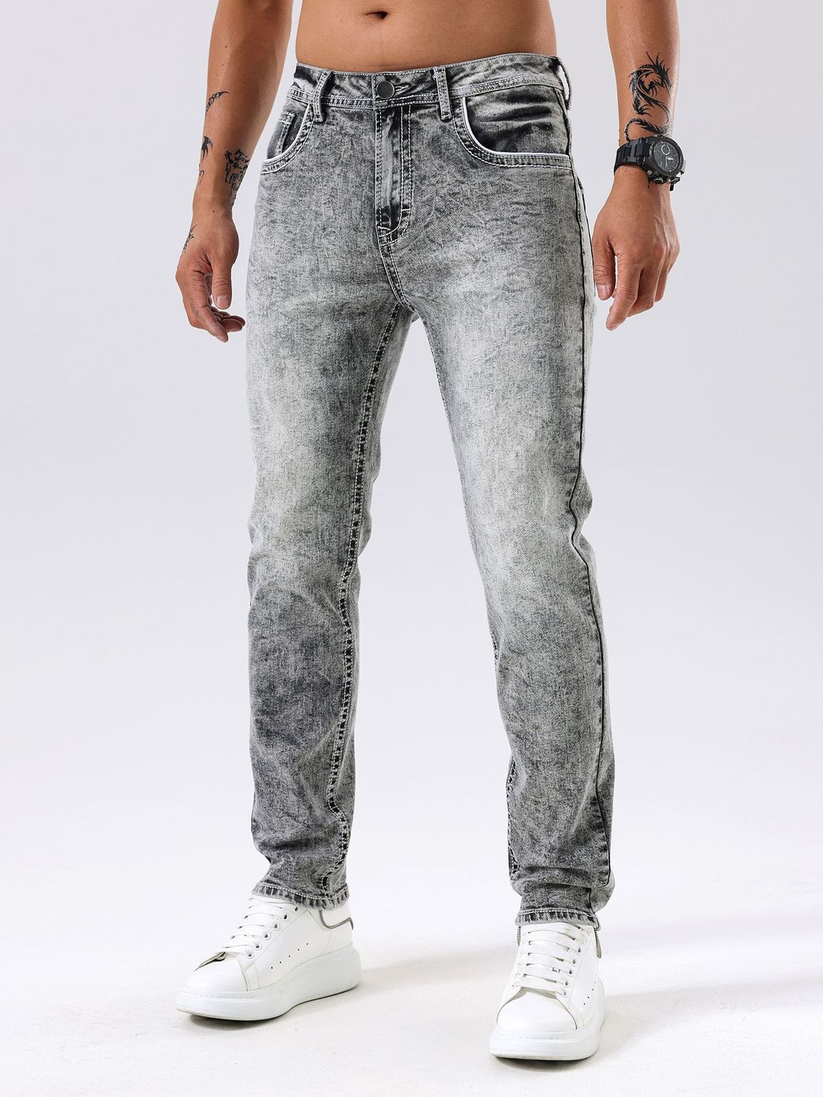 Men's Clothing New Denim Trousers Ins Trendy Black Slim Thick Line Denim Pants_viptrois.com