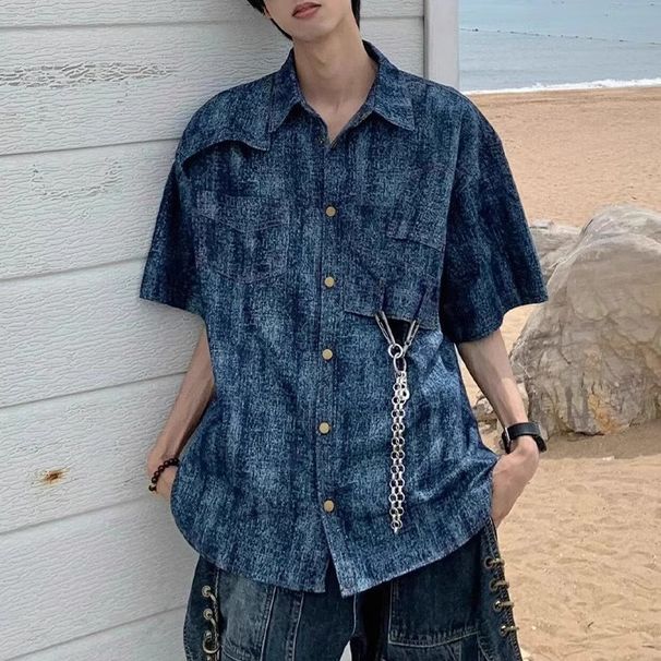 Washed Tie Dye Shoulder Padded Short Sleeved Shirt For Male Models, Niche Design, Retro Shirt Trend_viptrois.com