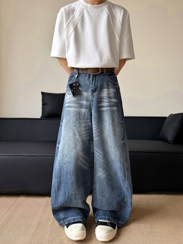 Men's Clothing Street Washed Cat Whisker Wide Leg Scimitar Jeans For Men And Women, Handsome And Slim, Couple T Shirt, Sickle Pants Trend_viptrois.com