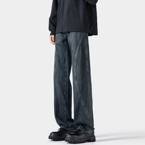American Retro Patchwork Jeans For Men, Spring Trendy Vibe Loose Wide-leg Casual Pants, Stylish Straight-leg Trousers_viptrois.com