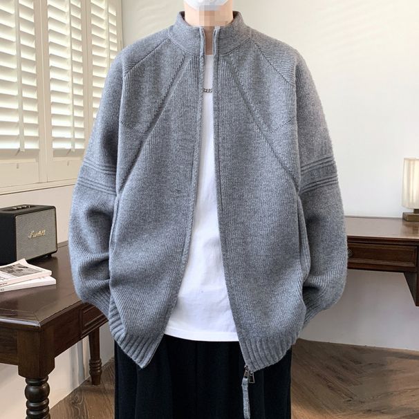 Simple And Versatile Zipper Sweater Men's Long Sleeved Loose Casual Stand Up Collar Knitted Cardigan_viptrois.com