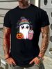 Spooky Cute Ghost Drinking Pumpkin Iced Coffee Halloween Bow T-Shirt Slightly Unisex Stylish T-Shirt For Women Casual Female Women Versatile Casual Designer Clothes Fashion Women Top Graphic Tees Breathable Soft Stretched Summer Graphic Streetwear_viptrois.com