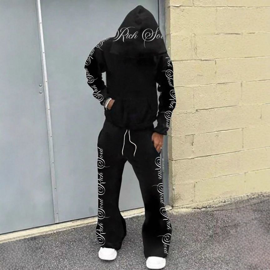 Men's Clothing Sweatshirt And Trousers Cursive Letter Print Men's Trendy Streetwear Hooded Zip-Up Sweatshirt & Pants Set With Graffiti Letter Print_viptrois.com