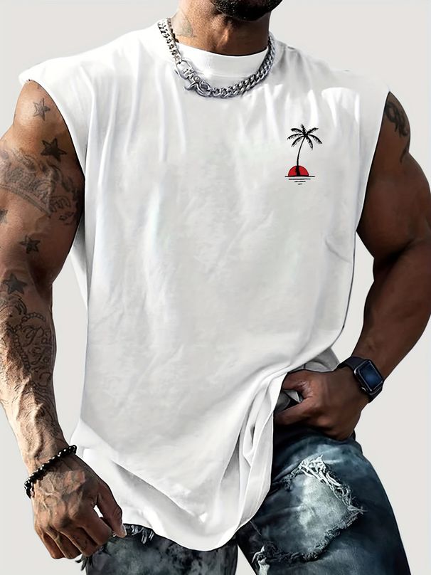 100% Pure Cotton Men's Summer Leisure Sports Fitness Loose Coconut Tree Pattern Printed Breathable Round Neck Sleeveless Vest_viptrois.com