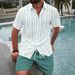 Men's Summer Casual Two Piece Set Blue And White Striped Short Sleeve Shirt And Shorts High-End Style_viptrois.com