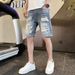 Men's Clothing Denim Shorts Summer Thin Loose Trendy Breeches Ripped Casual Five Point Mid Length Pants_viptrois.com