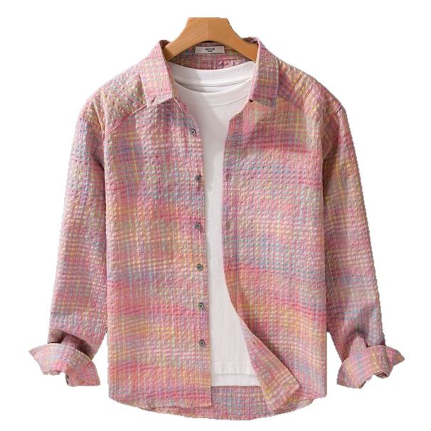 Nordmann Bubble Gauze Color-Block Plaid Long-Sleeve For Men, Autumn New Trendy Japanese Retro Casual Shirt With Turn-Down Collar_viptrois.com
