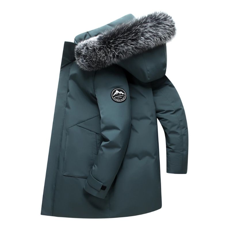 Trendy Oversized Hooded Down Jacket – 550FP White Duck Feather, Mid-Length Parka With Faux Fur Trim (Black/Blue/Gray)_viptrois.com