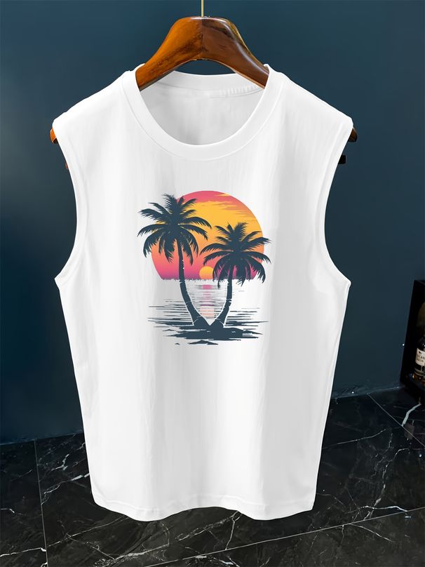 100% Pure Cotton Men's Summer Leisure Sports Fitness Loose Sunset Coconut Tree Pattern Printed Breathable Round Neck Sleeveless Vest_viptrois.com