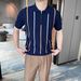 Men's Clothing Summer New Short Sleeved Sweater Vertical Stripes Half Zip Polo Shirt Collar Business T Shirt_viptrois.com