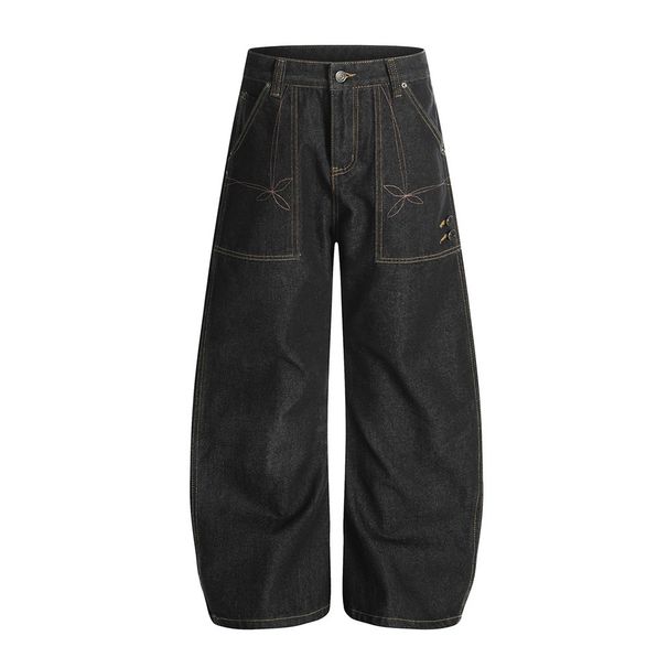 Original Color Denim Scimitar Men's Wide-Leg Loose Versatile High Street Trendy Design Stitched Pocket Cargo Long Pants_viptrois.com