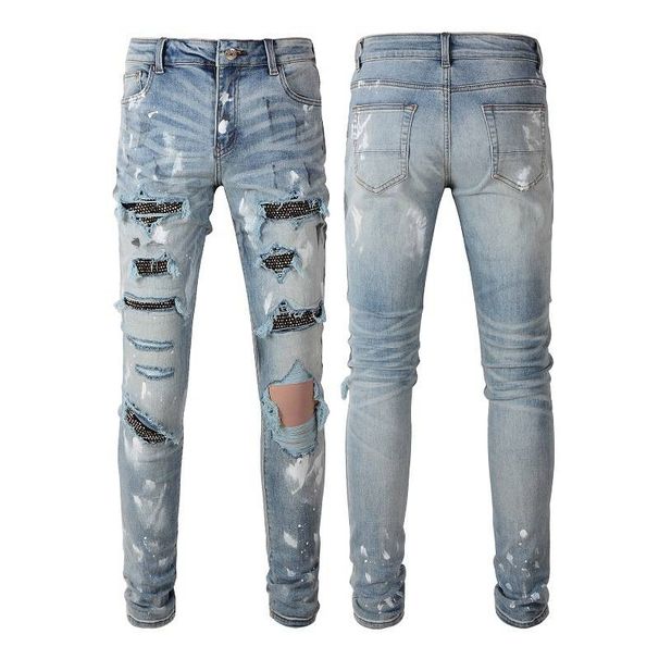 Men's Clothing Washed Cat Whisker Wrinkled Holes Splash Diamond Blue Elastic Slim Fit Skinny Jeans_viptrois.com