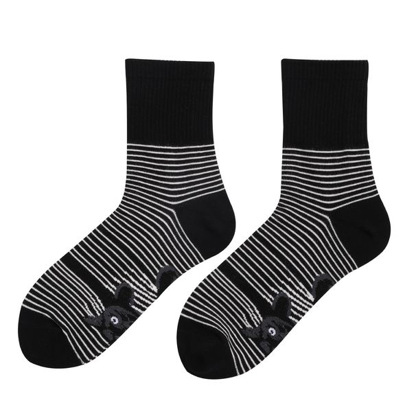 New black and white striped animal cat print plus-size men's and women's mid-tube socks_viptrois.com
