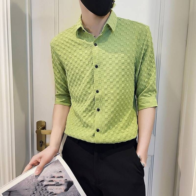 High-end Ice Silk Short-sleeved Shirt For Men, Trendy Slim-fitting Half-sleeved Shirt, Chic Chic Chic Casual Summer Wear_viptrois.com