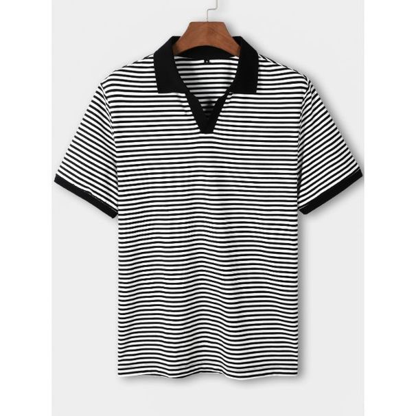 Men’s Slim-Fit V-Neck Polo Shirt – Breathable Stripe Short-Sleeve Top For Casual & Business (S-XXL, Black)_viptrois.com