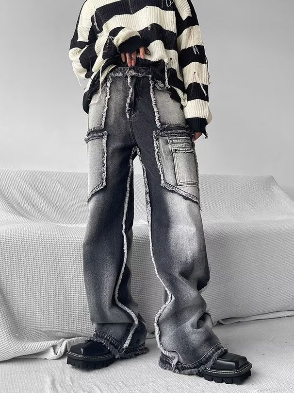 Men's Clothing High Street Niche Design Work Jeans Men's Loose Straight Autumn And Winter Raw Edge Casual Trousers Trend_viptrois.com