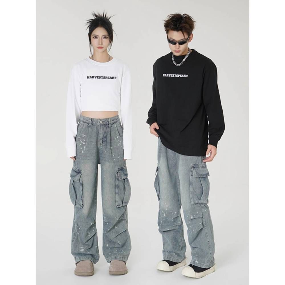Men's Clothing Street Style Splashed Workwear Jeans Pockets Hip Hop Distressed Wide Leg Trousers_viptrois.com