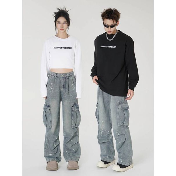 Men's Clothing Street Style Splashed Workwear Jeans Pockets Hip Hop Distressed Wide Leg Trousers_viptrois.com