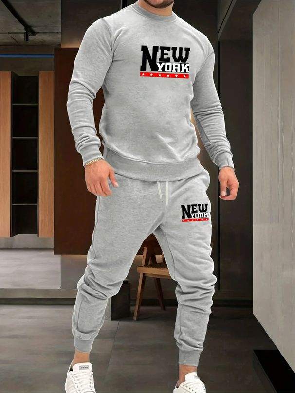 Men's Autumn And Winter Casual Warm NEW YORK Pattern Printed Loose Thick Velvet Round Neck Sports Shirt+sports Pants Set_viptrois.com